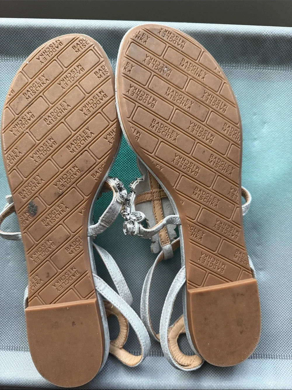 Badgley Mischka Silver Crystal Embellished T-Strap Sandals - Picture 4 of 6